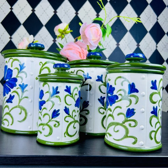 Metlox Poppytrail Blue Floral Canister Set, Green Lids, 4pc Vintage Very Large - Picture 12 of 17
